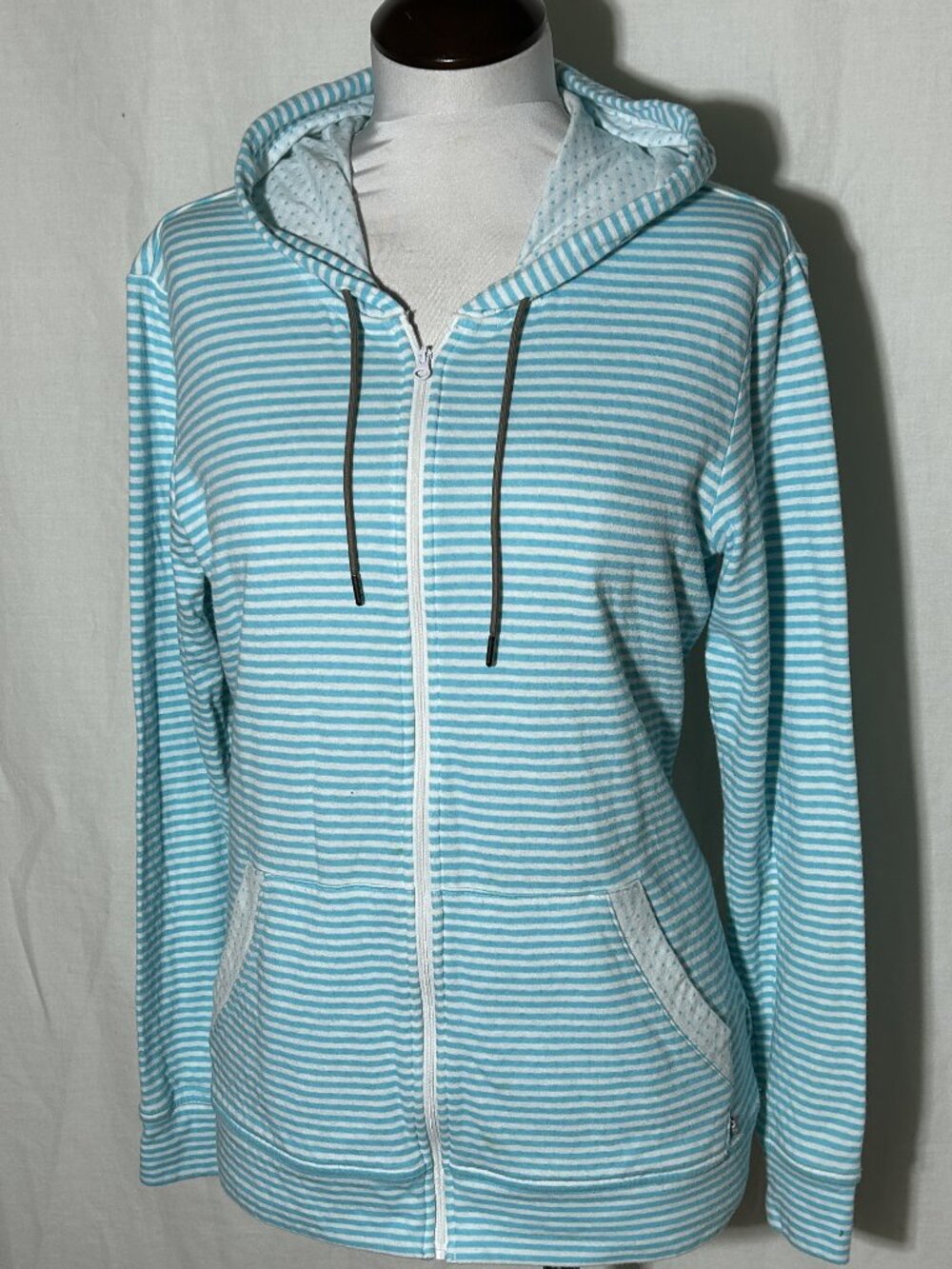 Merrell Turquoise & White Striped Hoodie Kangaroo Pockets sz Large